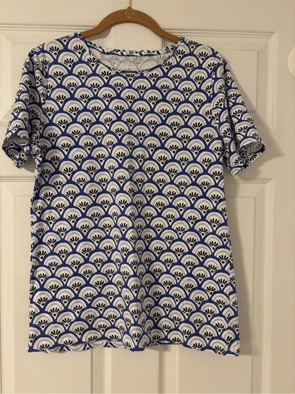Talbots Cotton Crewneck Tee Short Sleeve Top Blue/White Fan Print Women’s M